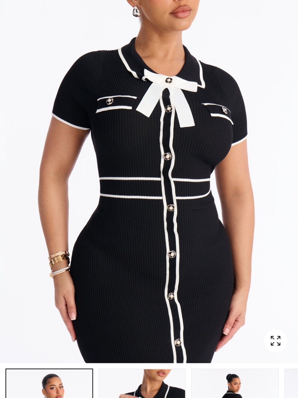 Fashion Nova Black Knit Button-Front Dress with White Trim